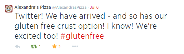 Tweet from Alexandra's Pizza about gluten-free crust